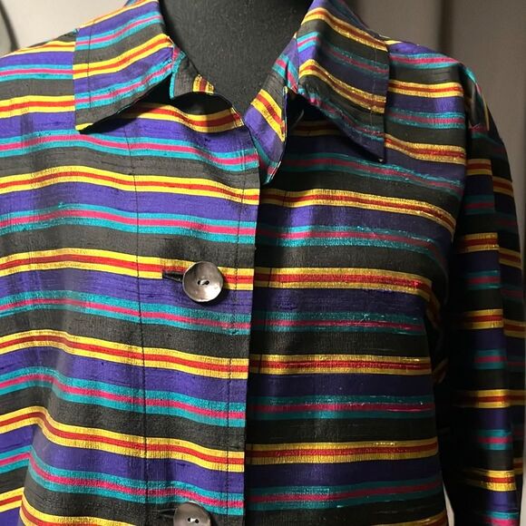 Vintage Chico's Design 100% Silk Multi Color Striped Blouse Jacket. Size 3 - Picture 2 of 7